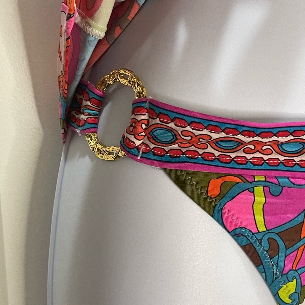 Trina Turk Fuji Flowers Vibrant Pink Tankini Bikini Gold Rings Size 10 - Picture 8 of 16